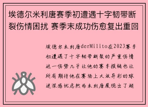 埃德尔米利唐赛季初遭遇十字韧带断裂伤情困扰 赛季末成功伤愈复出重回巅峰