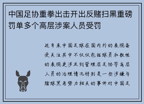 中国足协重拳出击开出反赌扫黑重磅罚单多个高层涉案人员受罚 中国足协重拳出击开出反赌扫黑重磅罚单多个高层涉案人员受罚